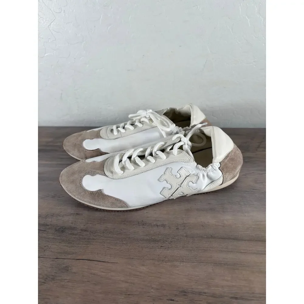 Tory Burch Bicolor Mixed Calf Leather Nylon Trainer Sneakers White Ivory Wms 9.5